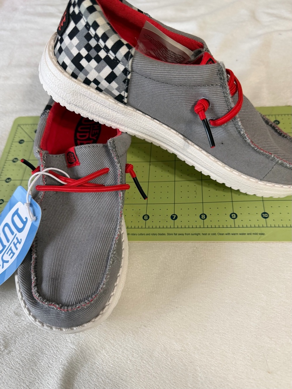 Grey Casual Slip-On Sneakers with Red Accents Hey Dude